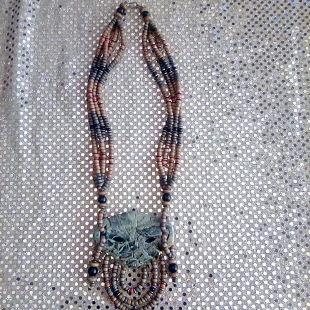 Wood Beads and Etched Stone multi-strand Necklace